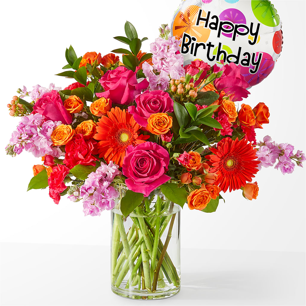 Fiesta Bouquet with Birthday Balloon – Konbit Flowers Group Llc, Brooklyn NY