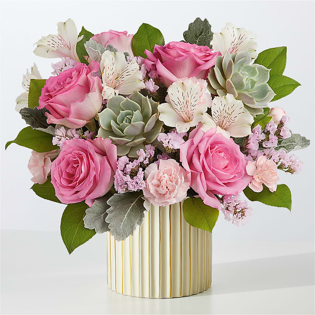 Dusty Rose Bouquet with Ivory Vase – Konbit Flowers Group Llc, Brooklyn NY