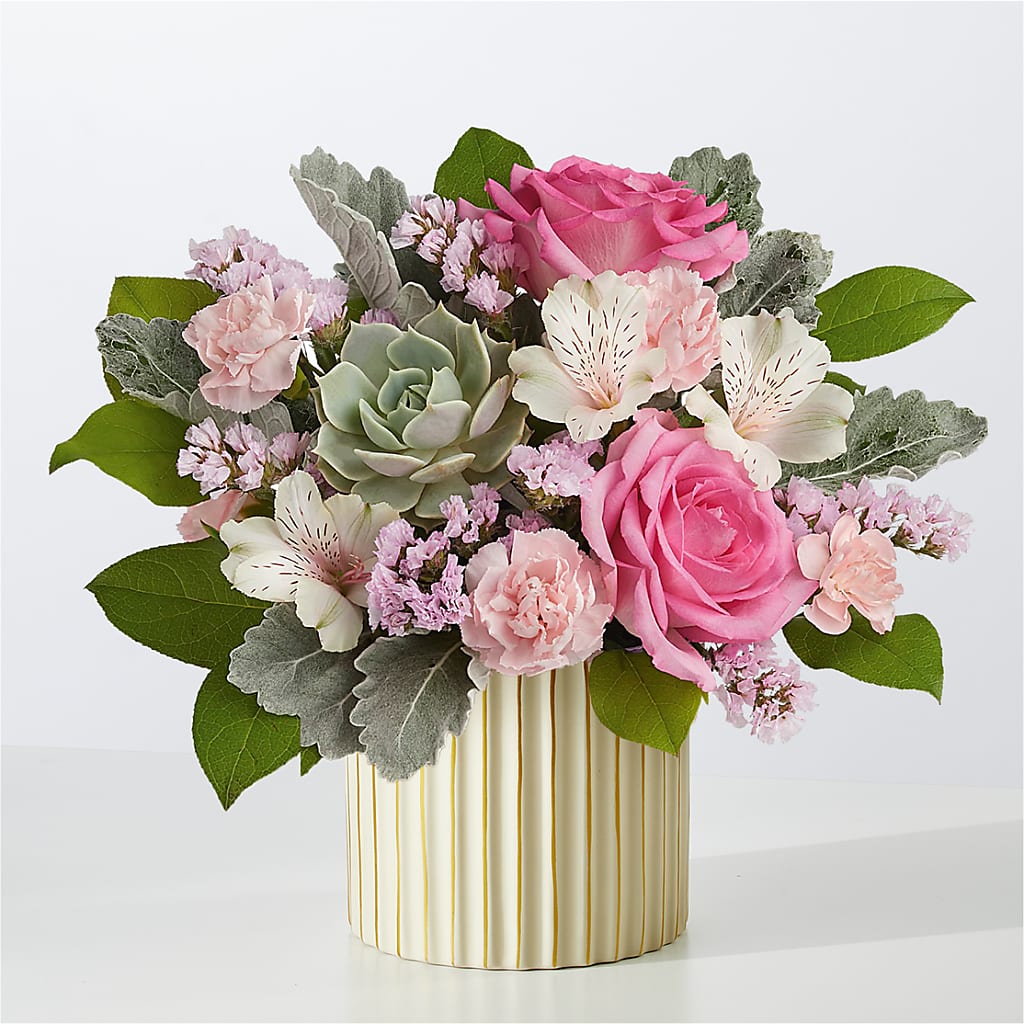 Dusty Rose Bouquet with Ivory Vase – Konbit Flowers Group Llc, Brooklyn NY