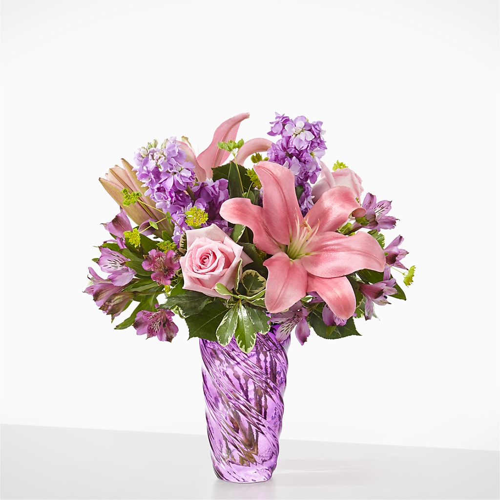 Precious Petals Bouquet with Luxe Swirl Vase – Konbit Flowers Group Llc, Brooklyn NY